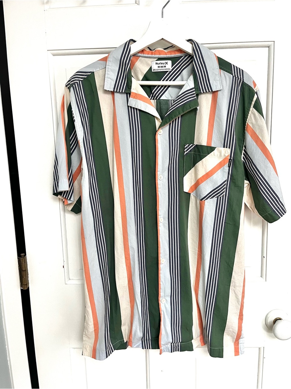 Hurley Green White Orange Striped Short Sleeve Shirt